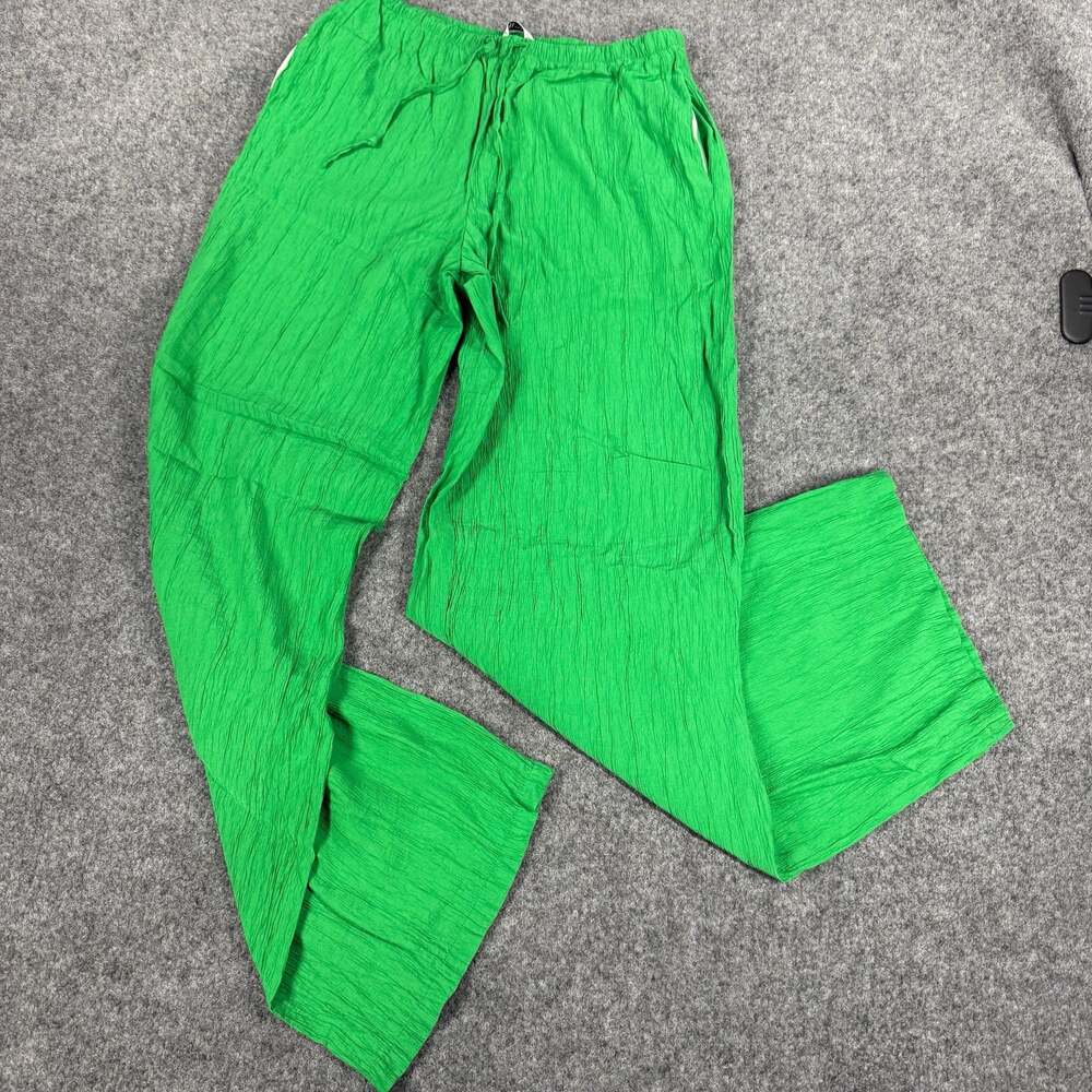 Zara Green Textured Crinkle Pull-On Wide Leg Pants Size M